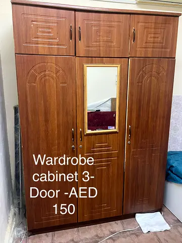 3-Door Wooden Wardrobe Cabinet with Mirror - Good Condition