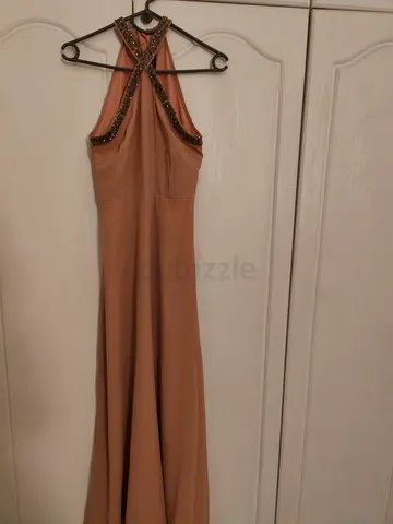 Beige halter evening gown with embellished neckline, size XS