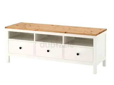 White wooden TV console with 3 drawers and pine top