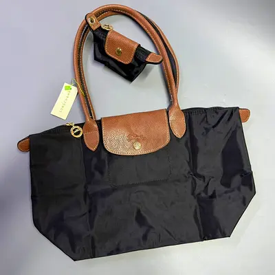 Black Longchamp Le Pliage Medium Tote with Brown Leather Trim - Brand New