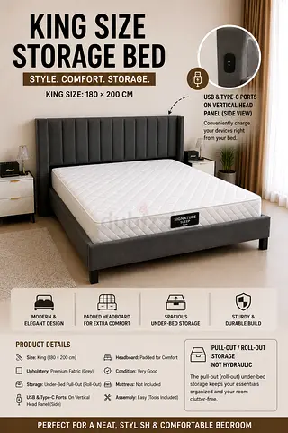 King Size Upholstered Storage Bed with USB & Type-C Ports (180 x 200 cm)