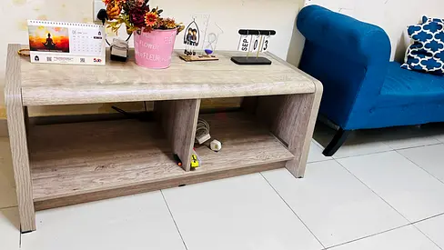 Light wood TV stand / media console with open shelves
