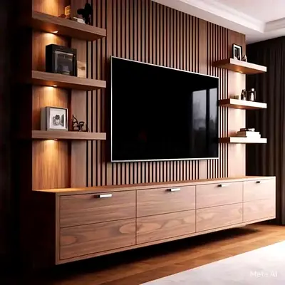 Modern wooden TV entertainment unit with floating shelves