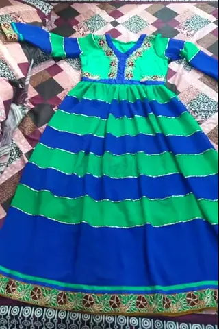 Green and Blue Striped Traditional Long Dress, Size Large , Good Condition