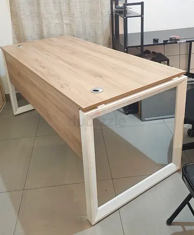 Modern oak office desk with white metal frame - good condition