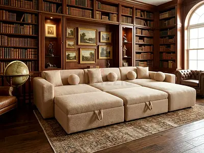 Large Beige Modular Sectional Sofa with Ottoman Storage in use good condition