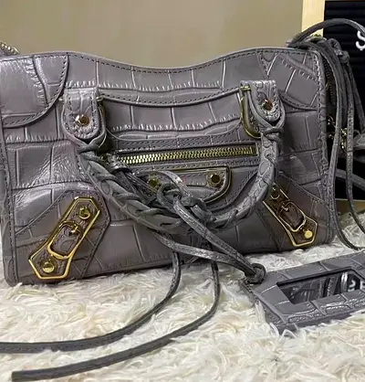 Grey Croc-Embossed Leather Shoulder Bag with Braided Handles & Mirror