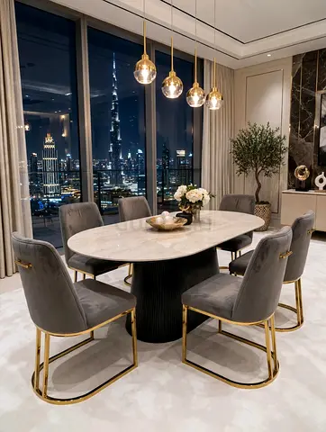 Marble Top Oval Dining Table with 6 Velvet Chairs (Gold Accents)
