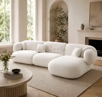 Modern Curved 3-Seater Bouclé Sofa in Off-White