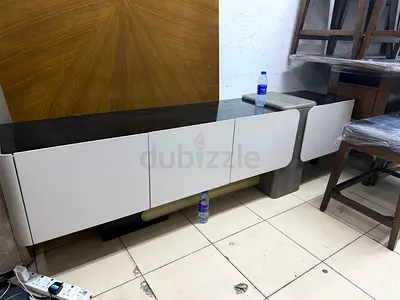Modern low-profile TV cabinet / media console in white and wood finish