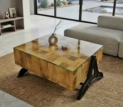 Solid Wood Parquet Top Coffee Table with Metal Legs and Glass Top