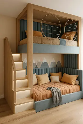 Custom wooden bunk bed with integrated staircase and storage