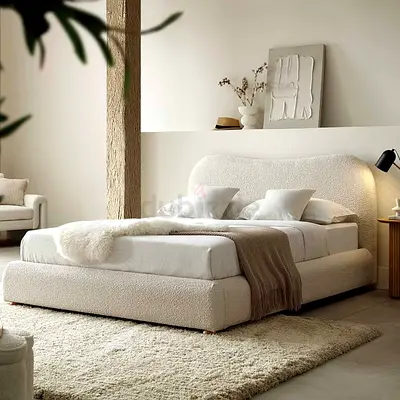 Modern White Boucle Upholstered Bed Frame