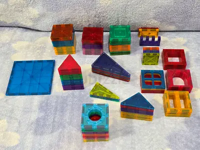 115 magnetic tiles,  a beautiful collection of magnetic toys for kids
