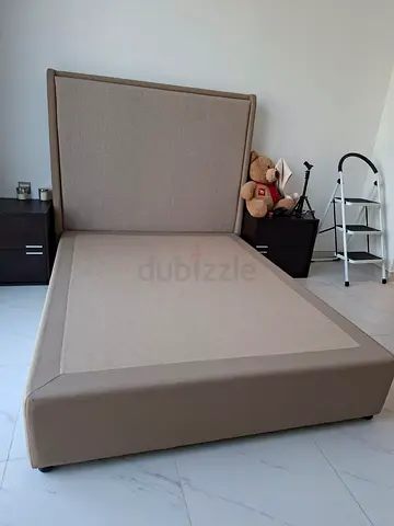 Queen upholstered bed frame with headboard - beige
