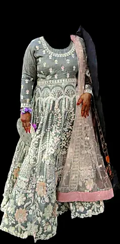 Embroidered Grey-Pink Anarkali Dress with Dupatta - Worn Once