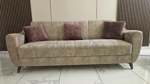 3-seater + 2 seater sofa in beige microfiber with 3 cushions - good condition