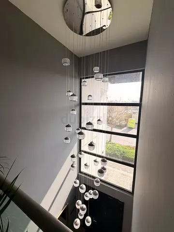 Modern multi-pendant chandelier with 36 glass orb shades (large foyer light)