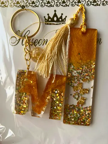 Handmade Resin Initial 'M' Keychain with Tassel — Gold Glitter Bag Charm