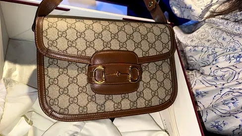 Pre-loved Gucci Horsebit Canvas Shoulder Bag - Brown Trim.