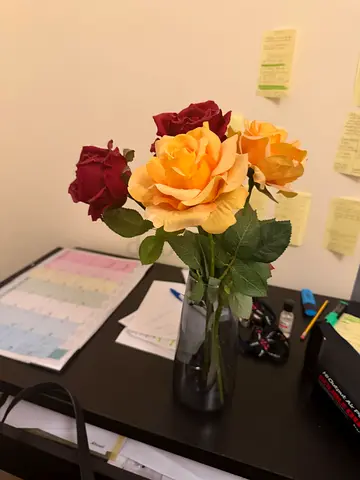 Artificial Rose Bouquet in Glass Vase - Decorative Desk Accent