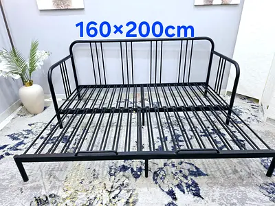 Metal Double Bed Frame 160x200cm - Black, Sturdy Slatted Base