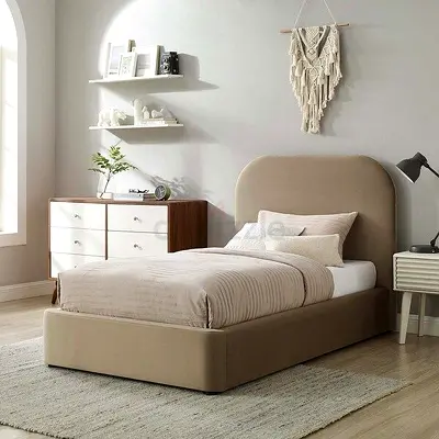 Beige Upholstered Twin Bed with Curved Headboard