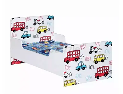 Toddler Bed with Colorful Car Print – Single Kids Bed (White)