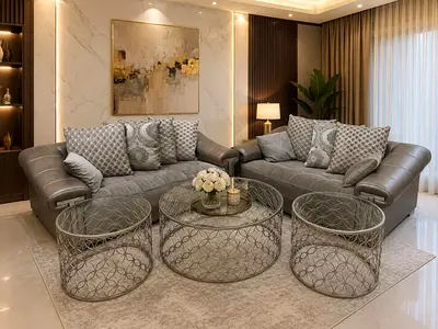 Grey leather 2-seater sofas set with matching cushions and coffee tables