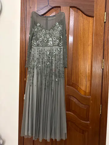 Grey embellished midi dress with tulle overlay, size approx 16
