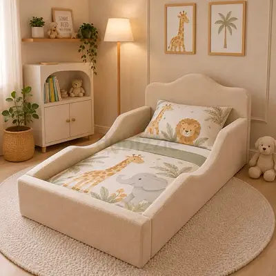 Modern upholstered king-size bed with padded headboard