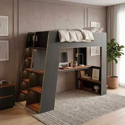 Loft Bed with Built-in Desk and Shelves — Dark Grey, Modern
