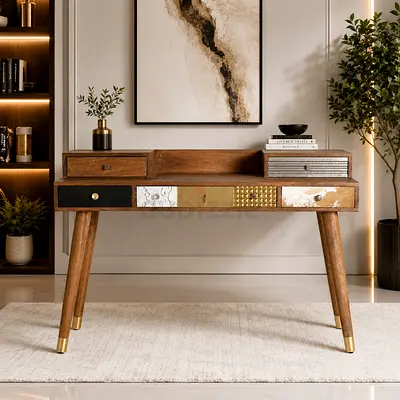 Marina Solid Wood Writing Desk with Mixed Finish Drawers