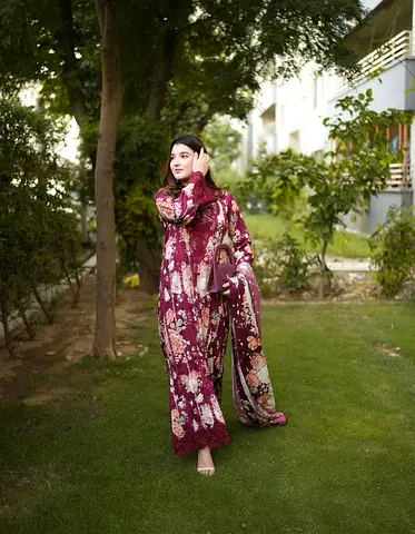 Maroon Floral Embroidered Women's Lawn Suit with Dupatta - Size M