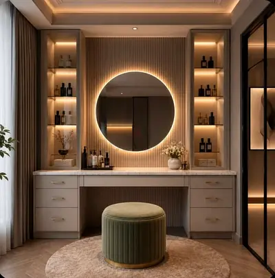 Modern Vanity Dressing Table with LED Round Mirror and Ottoman