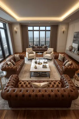 Classic Brown Chesterfield Sofa Set and Armchairs