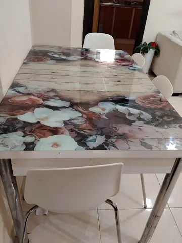 Wooden-look Dining Table with Floral Glass Top - 4 Seats