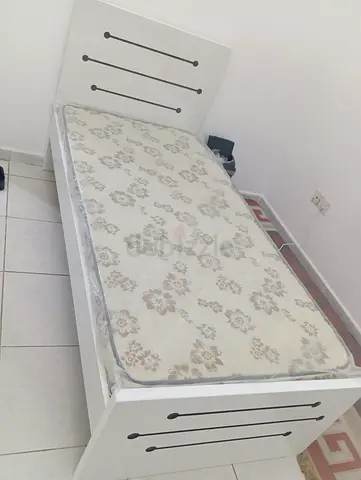 Single White Wooden Bed with Mattress - Good Condition