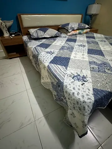Wooden King bed with medicated mattress, bedside and dressing table