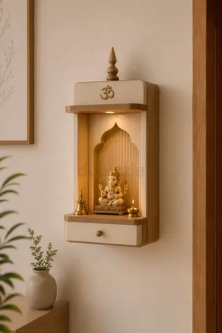 Wall-mounted Wooden Pooja Mandir with Drawer and Light