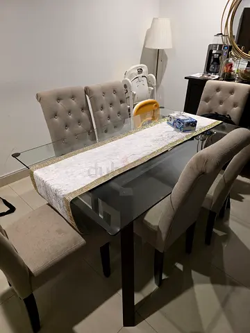 Glass Top Dining Table with 6 Upholstered Chairs - Good Condition