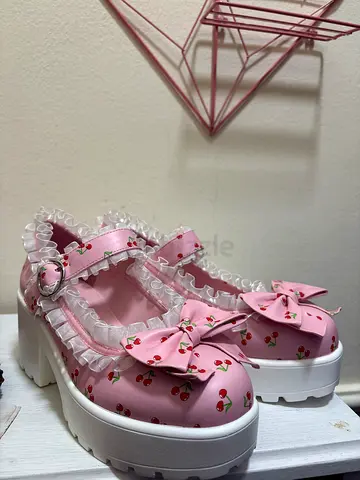 Pink Cherry Print Platform Mary Jane Shoes with Ruffles and Bows