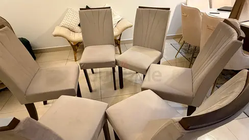 Set of 6 Beige Upholstered Dining Chairs with Wooden Legs - Good Condition