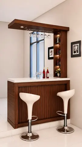 Wooden Home Bar with Overhead Rack and Shelving