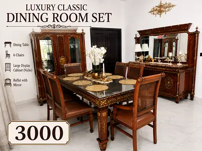Luxury Classic beech Wood zan Dining Room Set (Table, 6 Chairs, Buffet with mirror, Display Cabinet)