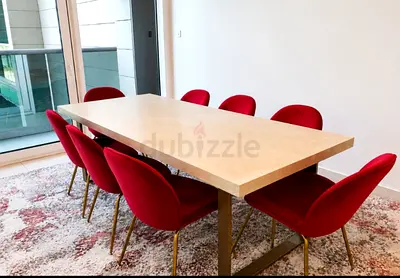 Solid Wood Dining Table with 8 Red Velvet Chairs