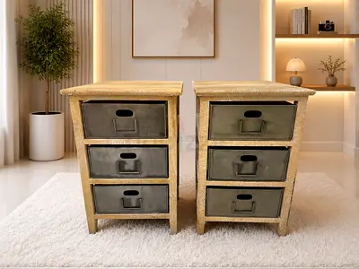 Pair of Rustic Wooden Bedside Tables with Metal Drawer Fronts
