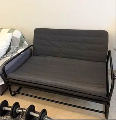 Compact Grey Futon Sofa Bed with Metal Frame - Good Condition