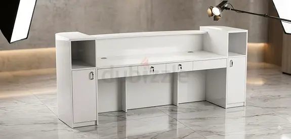 White Reception Desk / Office Counter with Storage and Drawers.230.cm
