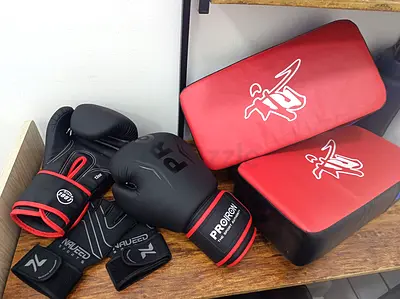 Boxing gloves, focus pads and hand wraps set - excellent condition this items is almost new